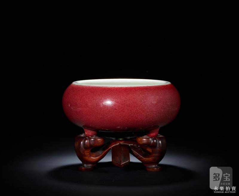清康熙 仿宣窑宝石红釉钵式三足炉 - 图5